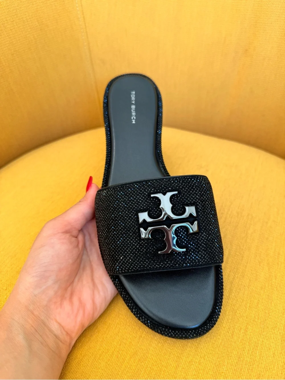 Tory Burch Everly Crystal Slide Sandals Black Women’s RUNS SMALL Size 9